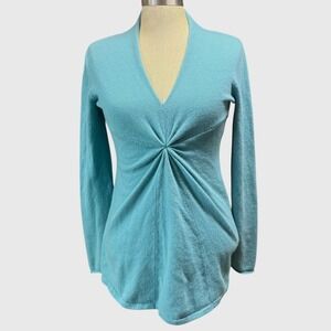 Sundance S 100% Cashmere Turquoise V-Neck Ruched Sweater Coastal‎ Quiet Luxury